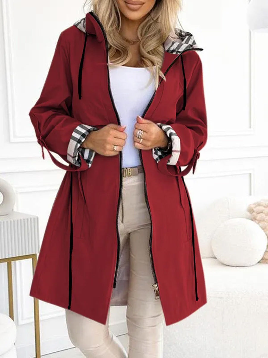 Hooded Plaid Print Long Trench Coat
