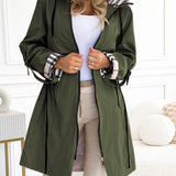 Hooded Plaid Print Long Trench Coat