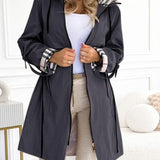 Hooded Plaid Print Long Trench Coat