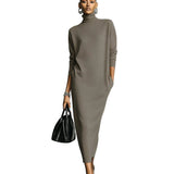 Women's Elegant Black Knitted Turtleneck Long-sleeved Loose-fitting  Midi Dress With No Pockets MDA1974L7AN
