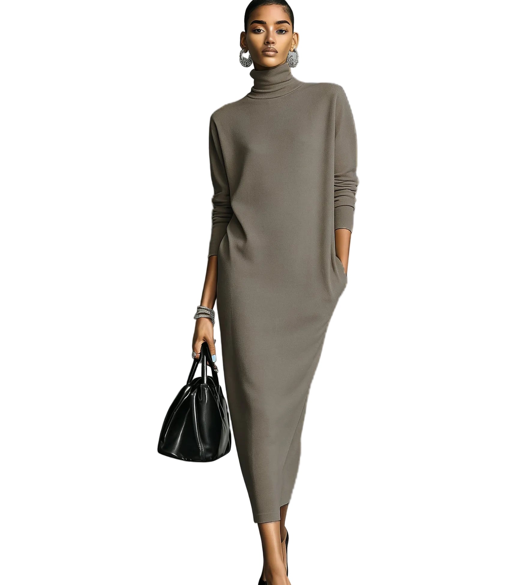 Women's Elegant Black Knitted Turtleneck Long-sleeved Loose-fitting  Midi Dress With No Pockets MDA1974L7AN