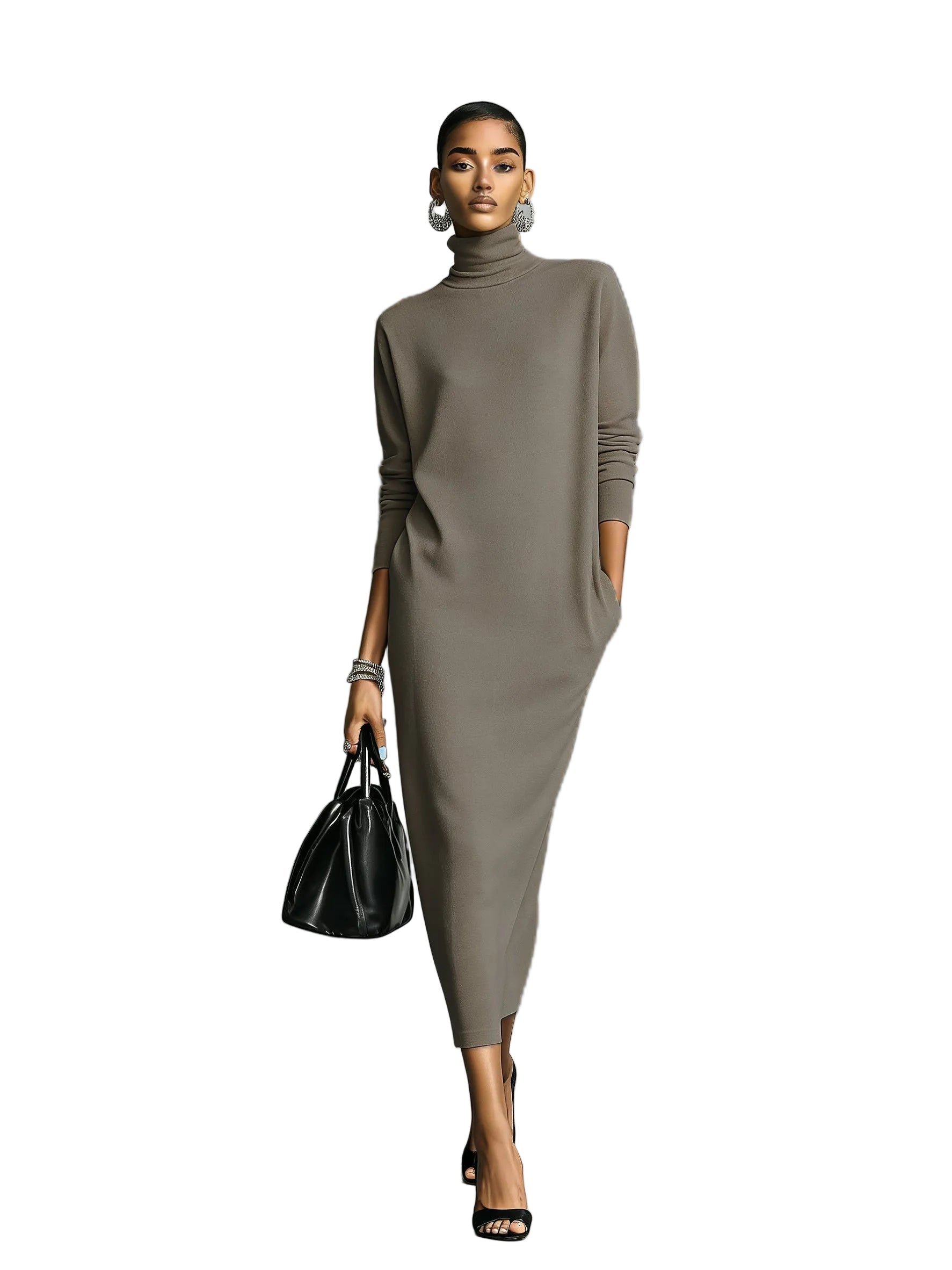 Women's Elegant Black Knitted Turtleneck Long-sleeved Loose-fitting  Midi Dress With No Pockets MDA1974L7AN