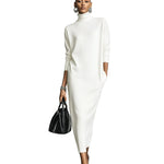 Women's Elegant Black Knitted Turtleneck Long-sleeved Loose-fitting  Midi Dress With No Pockets MDA1974L7AN