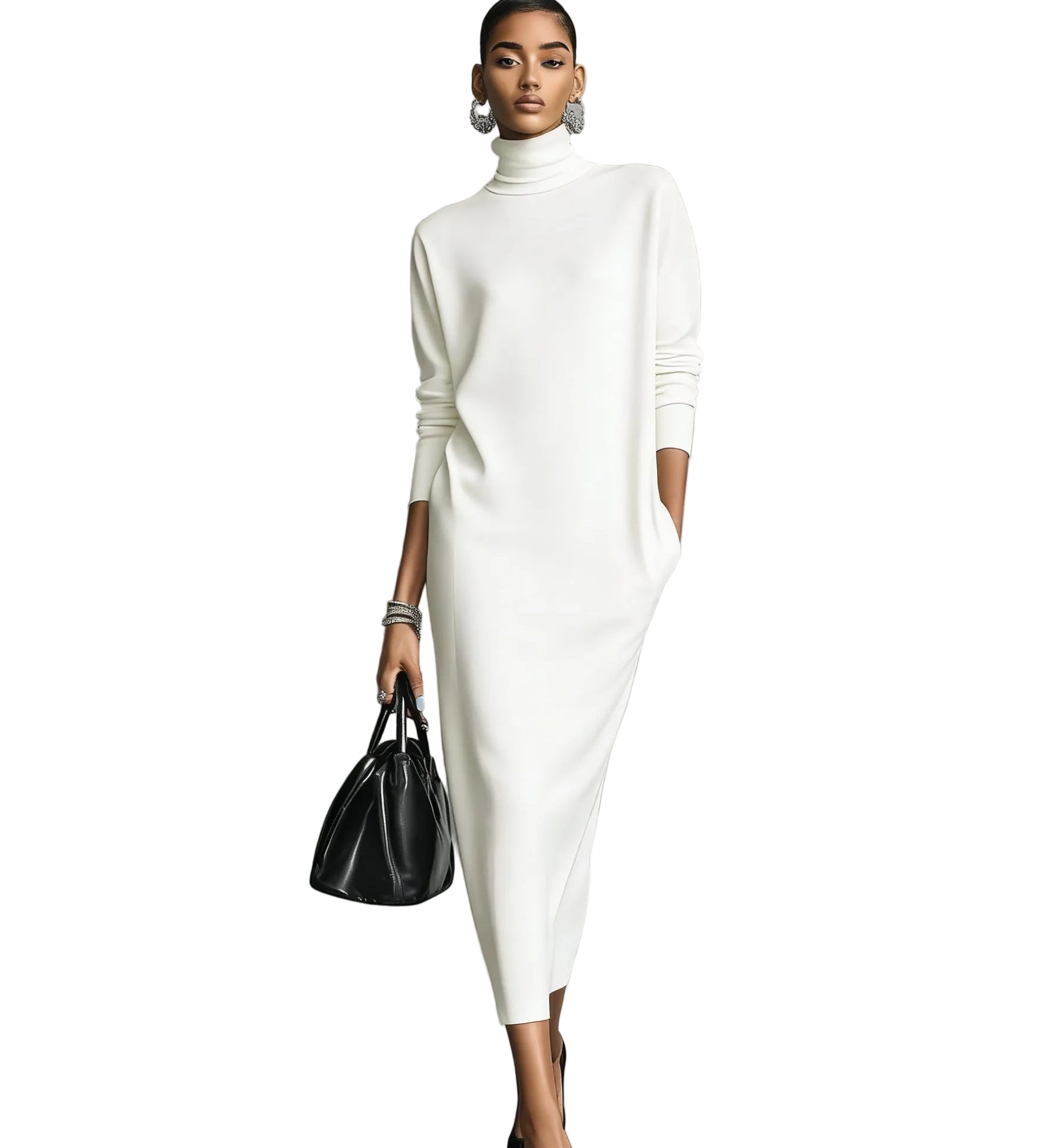 Women's Elegant Black Knitted Turtleneck Long-sleeved Loose-fitting  Midi Dress With No Pockets MDA1974L7AN