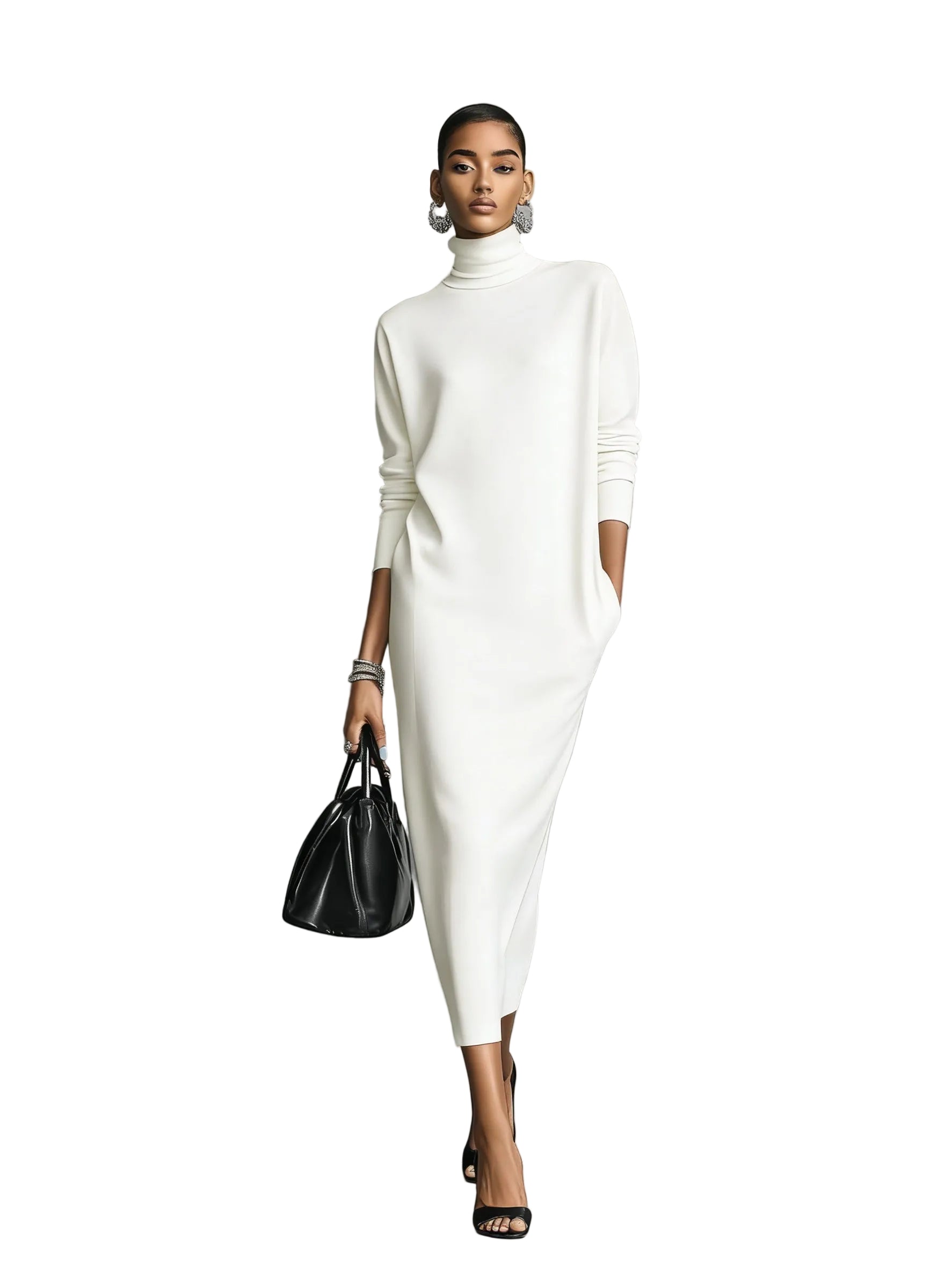 Women's Elegant Black Knitted Turtleneck Long-sleeved Loose-fitting  Midi Dress With No Pockets MDA1974L7AN