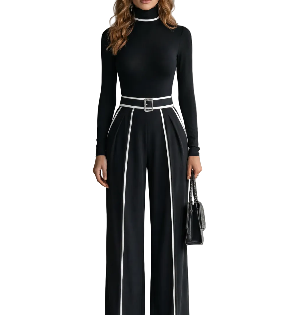 Lunaira – Contrast piping detail – High-neck jumpsuit