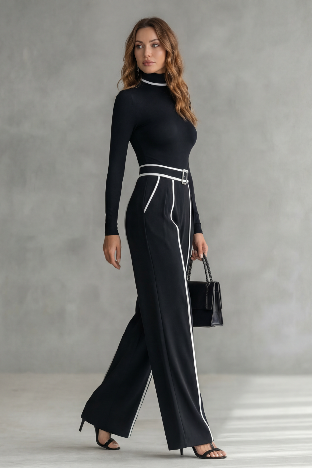 Lunaira – Contrast piping detail – High-neck jumpsuit