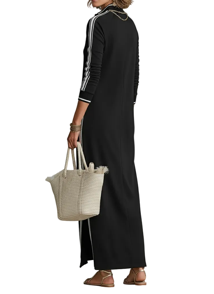 Women's Minimalist White-trimmed Button-down Collar Sweatshirt Dress Maxi Dress MDA0958L0Y