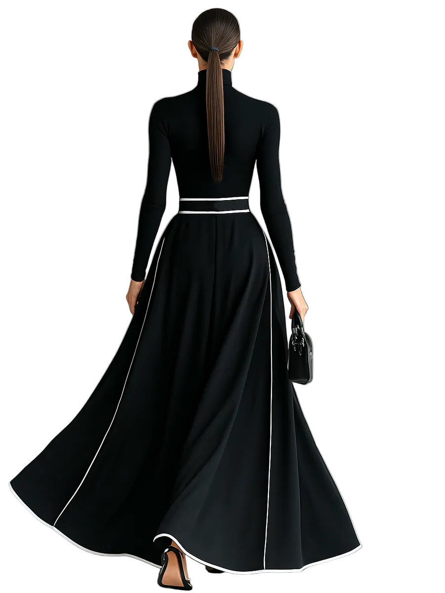 Women's Black Stitching White Trim High Collar Long Sleeve Tight Belt Maxi Dress MDA1031G0Y