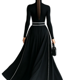 Women's Black Stitching White Trim High Collar Long Sleeve Tight Belt Maxi Dress MDA1031G0Y