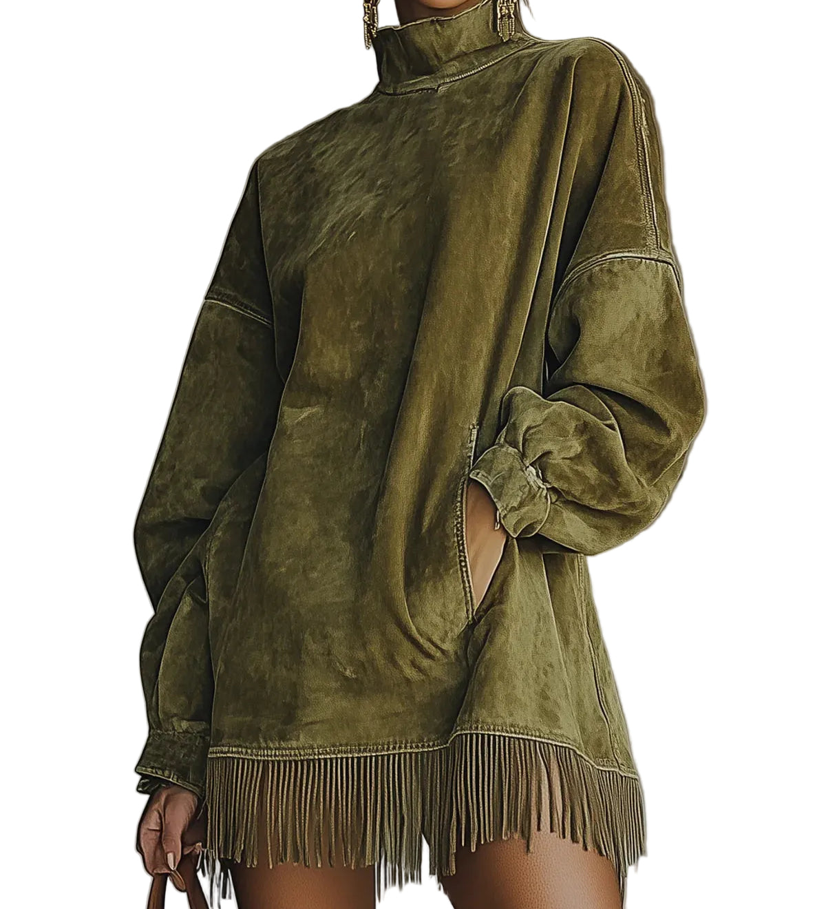 Faux Suede Turtleneck Dress With Fringe Hem