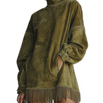 Faux Suede Turtleneck Dress With Fringe Hem