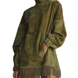 Faux Suede Turtleneck Dress With Fringe Hem