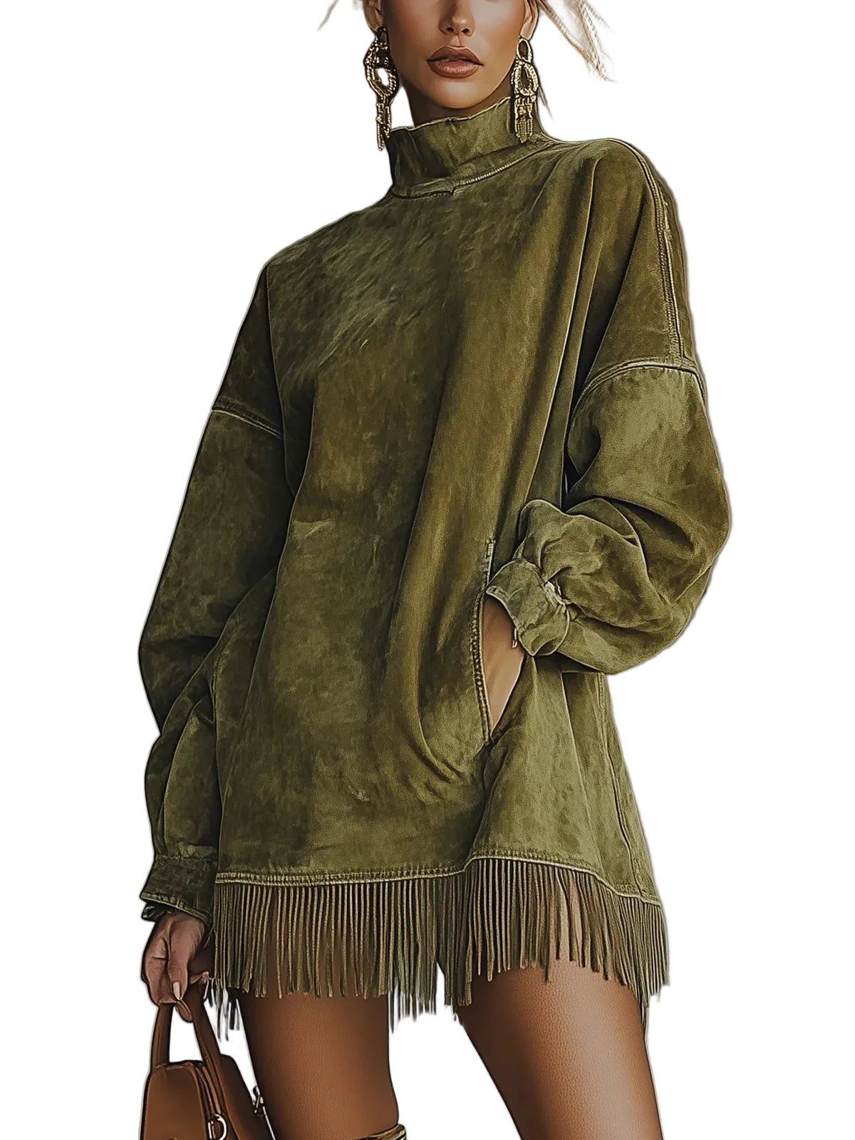 Faux Suede Turtleneck Dress With Fringe Hem