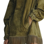 Faux Suede Turtleneck Dress With Fringe Hem