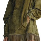 Faux Suede Turtleneck Dress With Fringe Hem