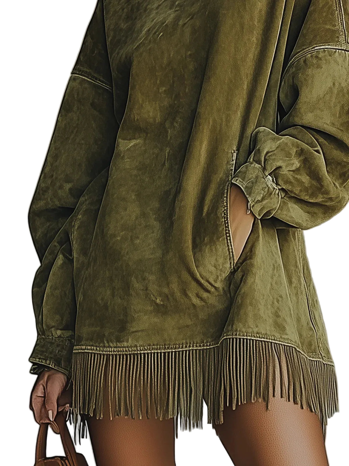Faux Suede Turtleneck Dress With Fringe Hem