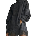 Faux Suede Turtleneck Dress With Fringe Hem