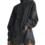Faux Suede Turtleneck Dress With Fringe Hem