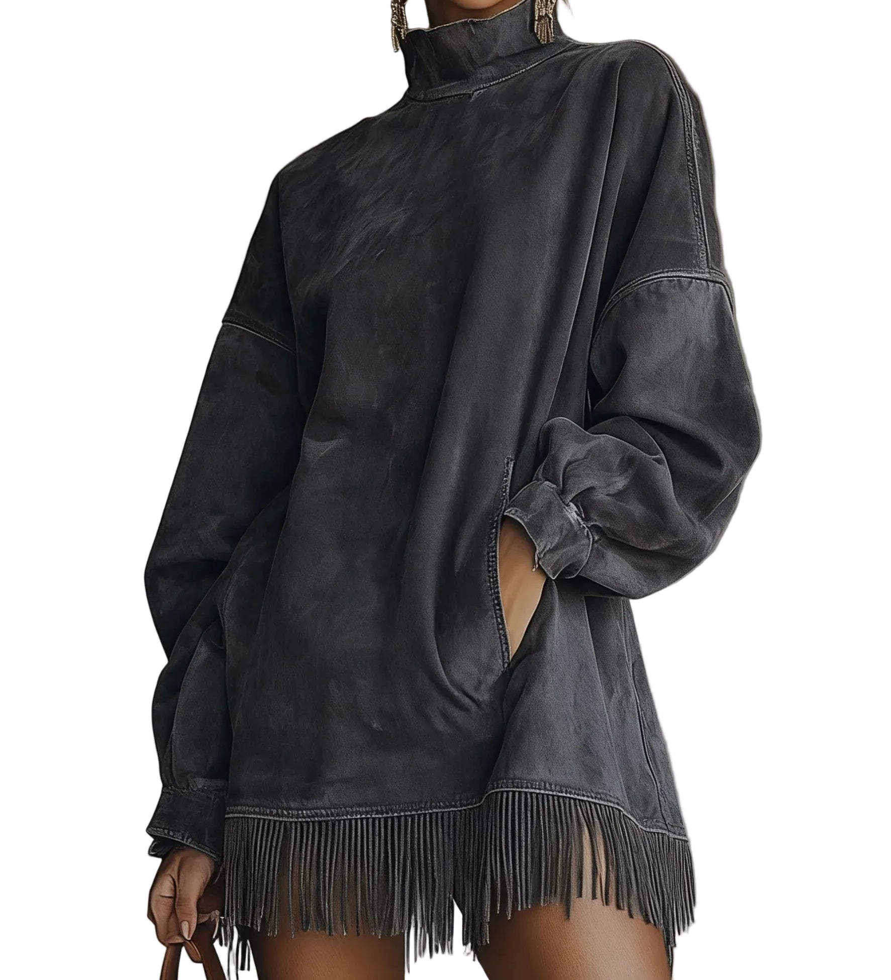 Faux Suede Turtleneck Dress With Fringe Hem