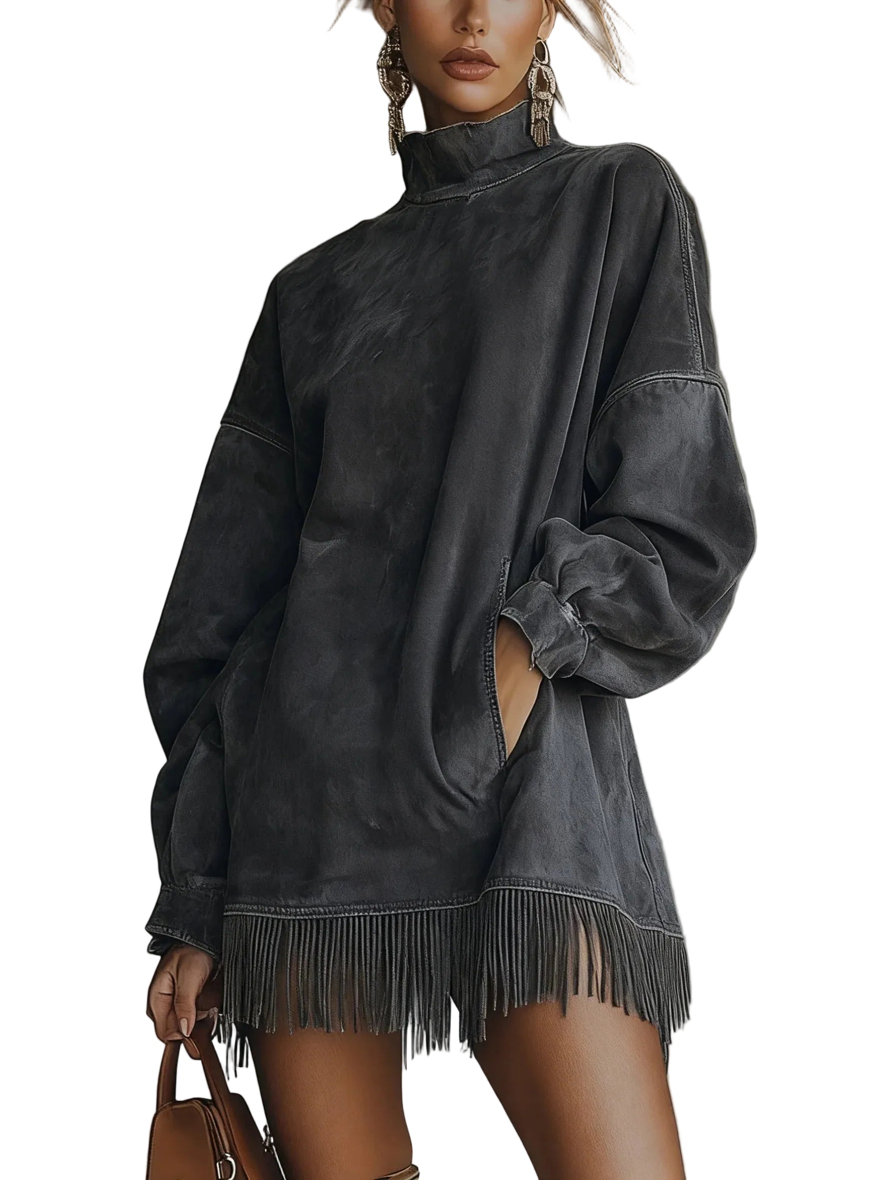 Faux Suede Turtleneck Dress With Fringe Hem