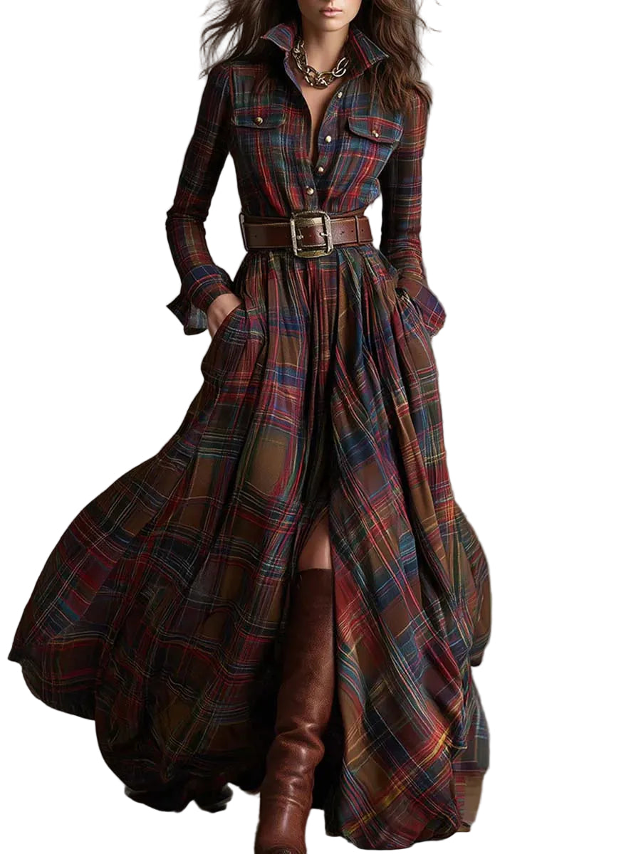 Retro lapel reddish brown plaid maxi dress