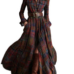 Retro lapel reddish brown plaid maxi dress