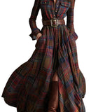 Retro lapel reddish brown plaid maxi dress