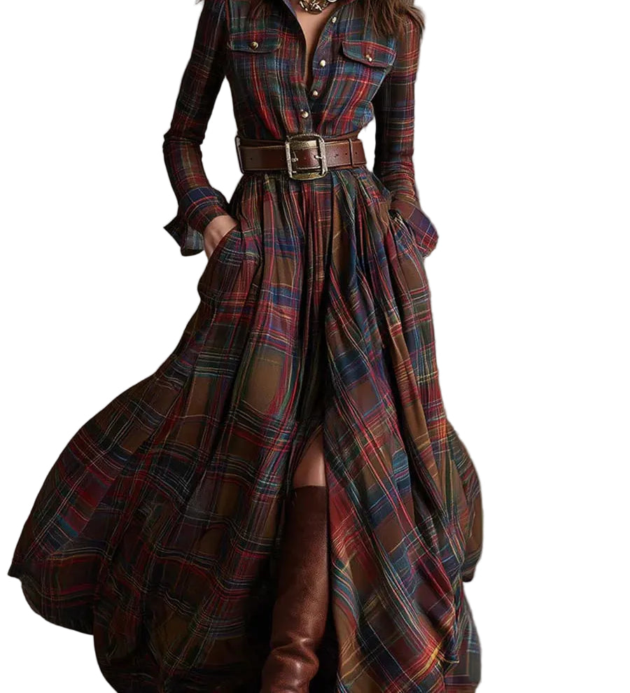 Retro lapel reddish brown plaid maxi dress