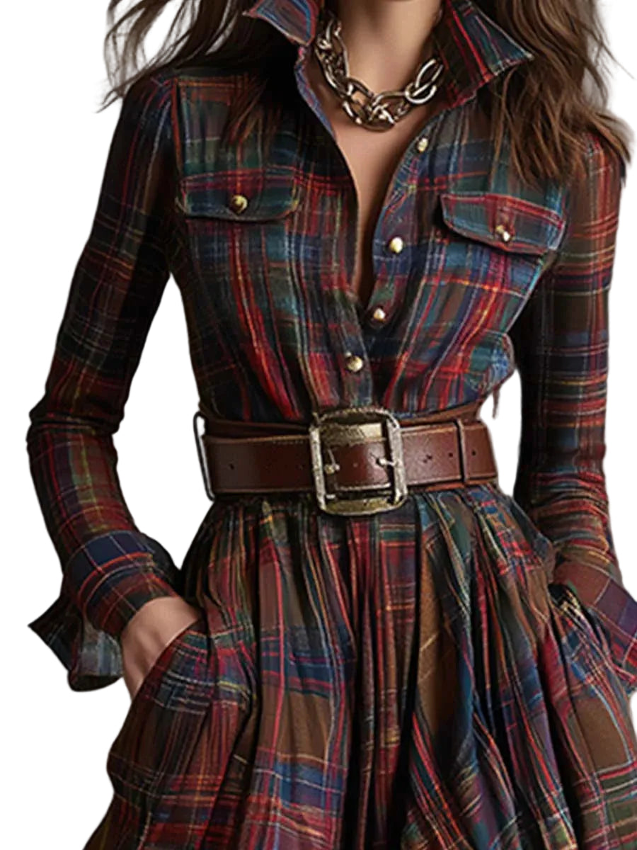 Retro lapel reddish brown plaid maxi dress