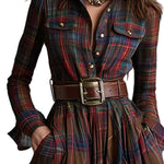 Retro lapel reddish brown plaid maxi dress