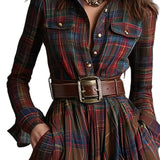 Retro lapel reddish brown plaid maxi dress