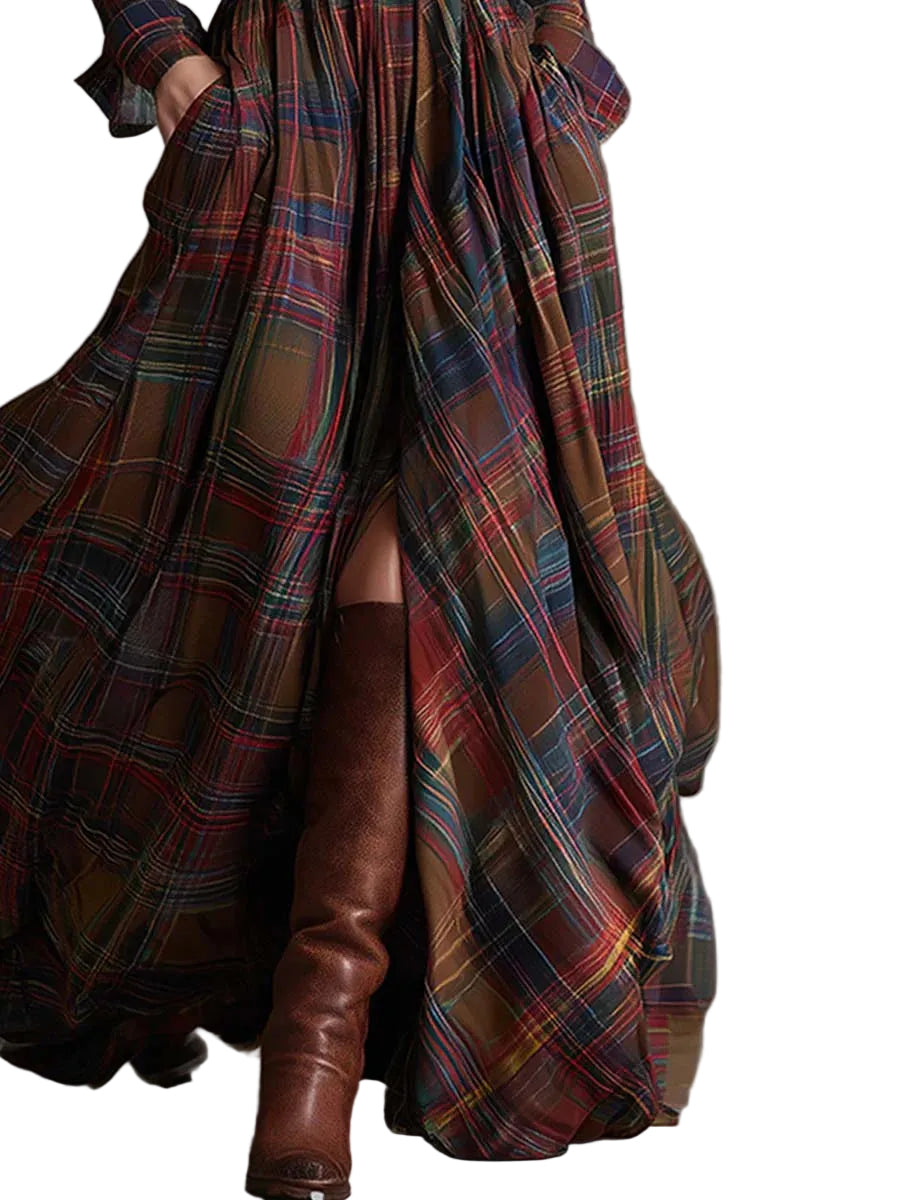 Retro lapel reddish brown plaid maxi dress