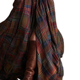 Retro lapel reddish brown plaid maxi dress