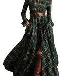 Retro lapel reddish brown plaid maxi dress