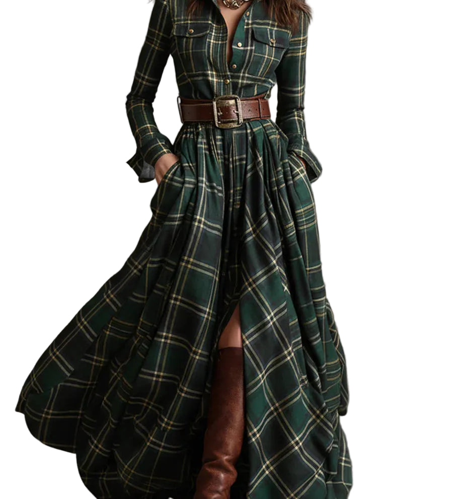 Retro lapel reddish brown plaid maxi dress