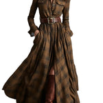 Retro lapel reddish brown plaid maxi dress