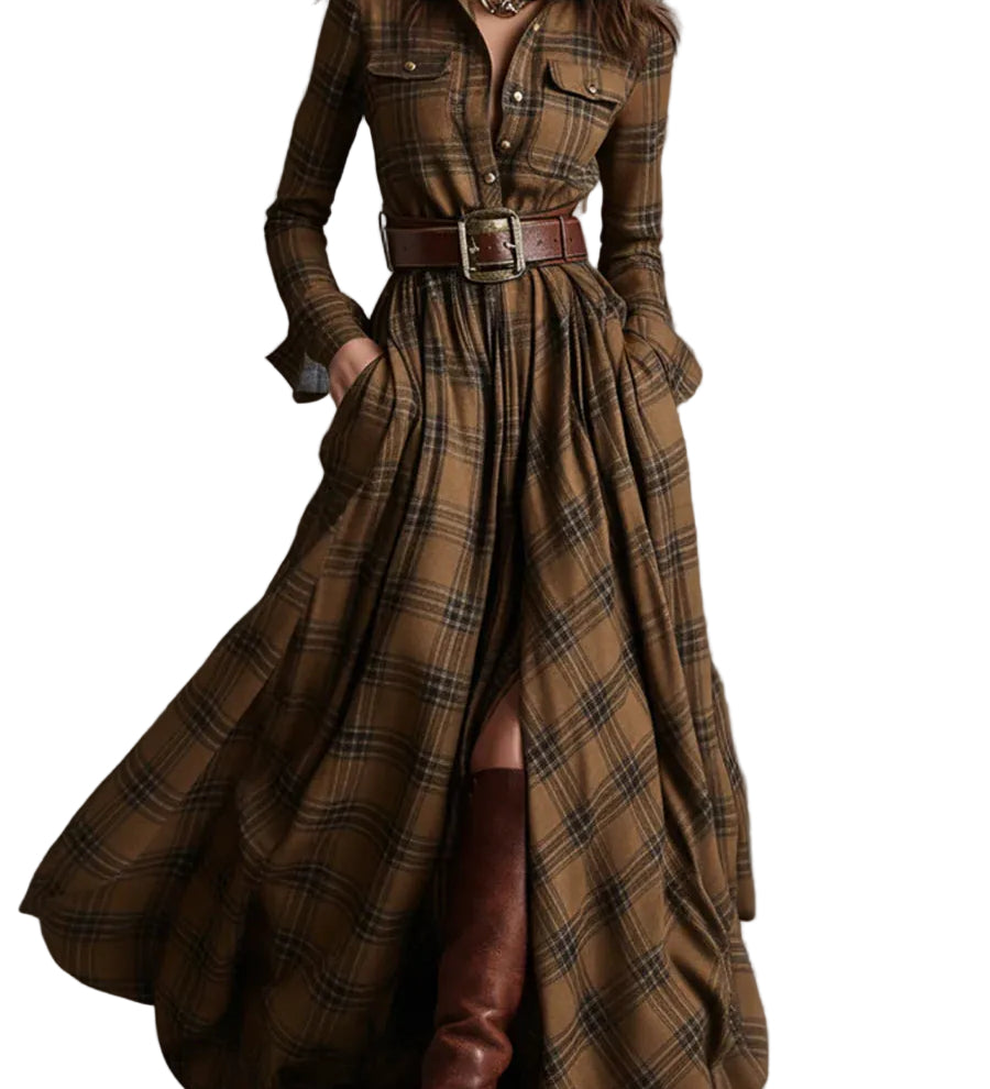 Retro lapel reddish brown plaid maxi dress