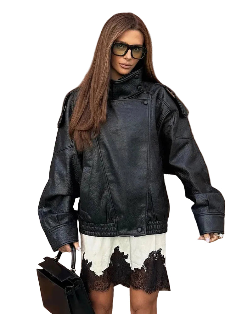 Hh mulheres outono moda jaquetas assimétricas botão bolso mangas compridas preto solto zíper jaquetas femininas casacos de rua alta