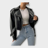 SHORT BELTED LEATHER-LOOK JACKET