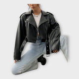 SHORT BELTED LEATHER-LOOK JACKET