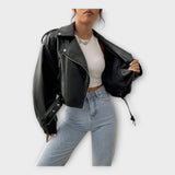 SHORT BELTED LEATHER-LOOK JACKET