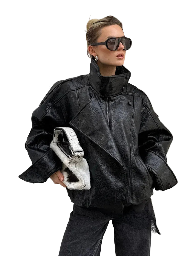 Hh mulheres outono moda jaquetas assimétricas botão bolso mangas compridas preto solto zíper jaquetas femininas casacos de rua alta