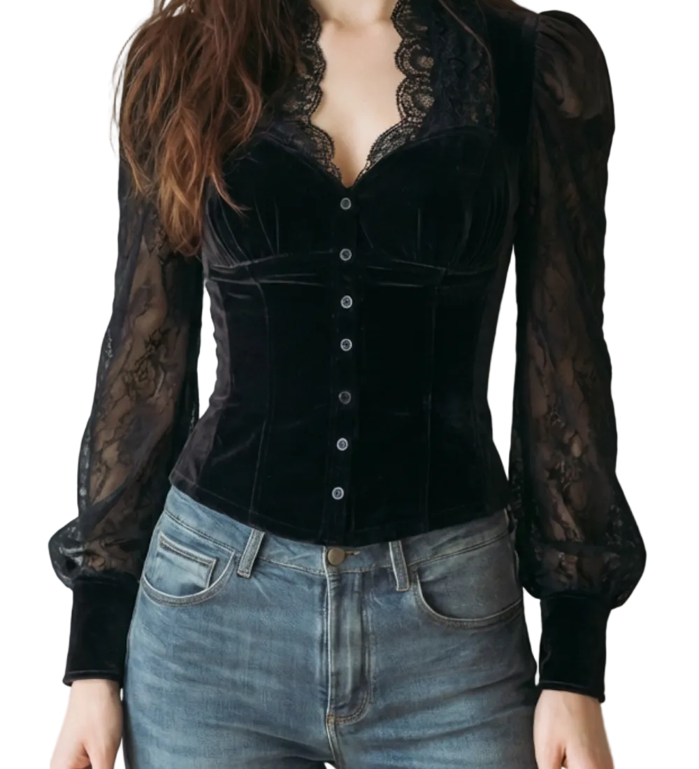 Serevine – Lace spliced elegance – Velvet fitted blouse