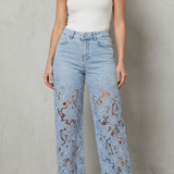 Solérine – Floral lace overlay – Wide-leg denim jeans