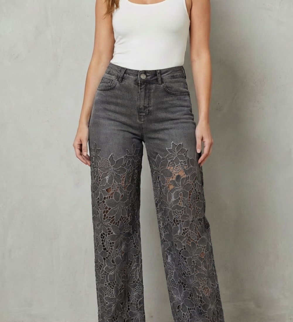 Solérine – Floral lace overlay – Wide-leg denim jeans