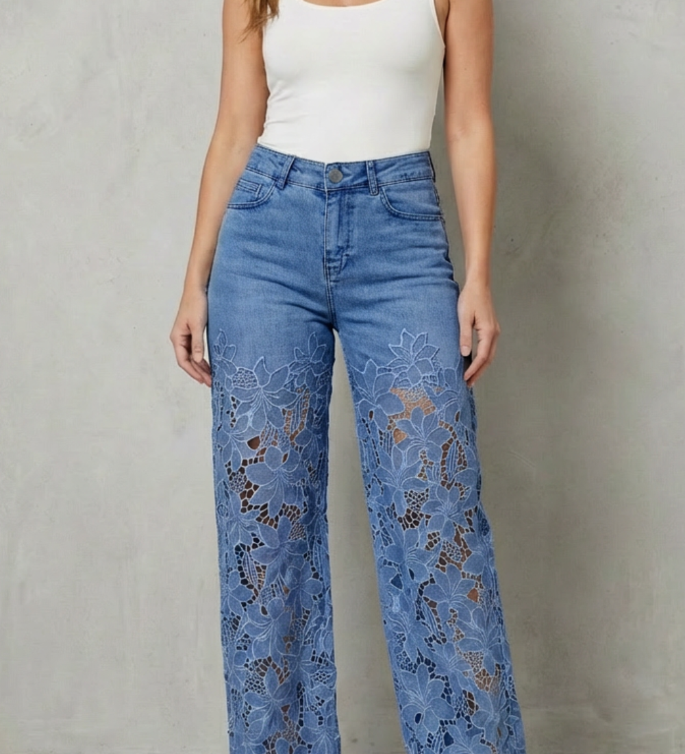Solérine – Floral lace overlay – Wide-leg denim jeans