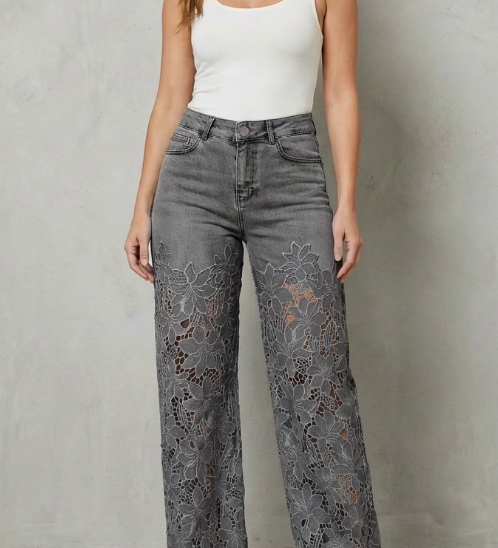 Solérine – Floral lace overlay – Wide-leg denim jeans