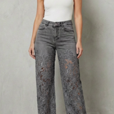 Solérine – Floral lace overlay – Wide-leg denim jeans