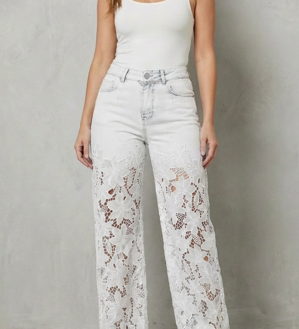 Solérine – Floral lace overlay – Wide-leg denim jeans